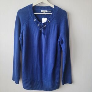 Calvin Klein women's blue waffle-knit sweater sz L lace-up neckline long sleeve
